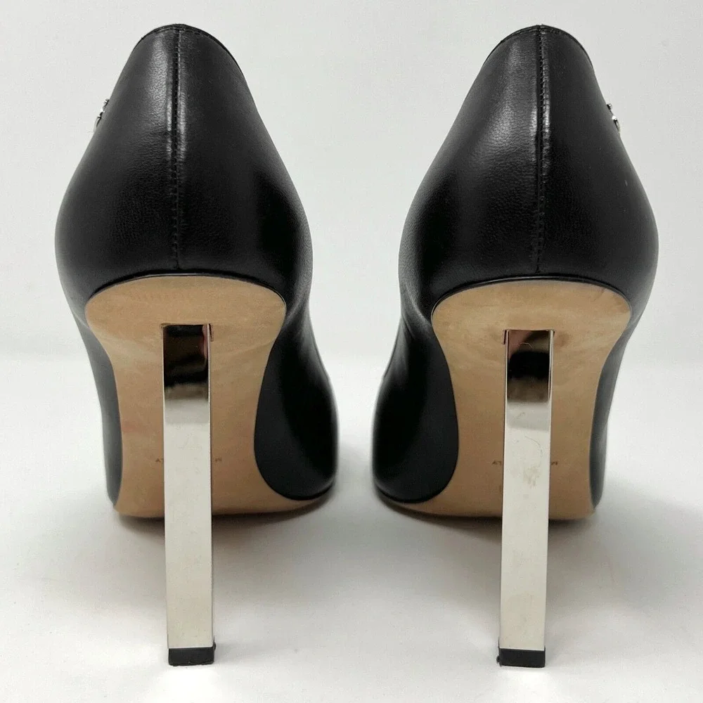Chanel Black Leather Pumps CC Logo Silver Heel Cap Toe 38.5‎